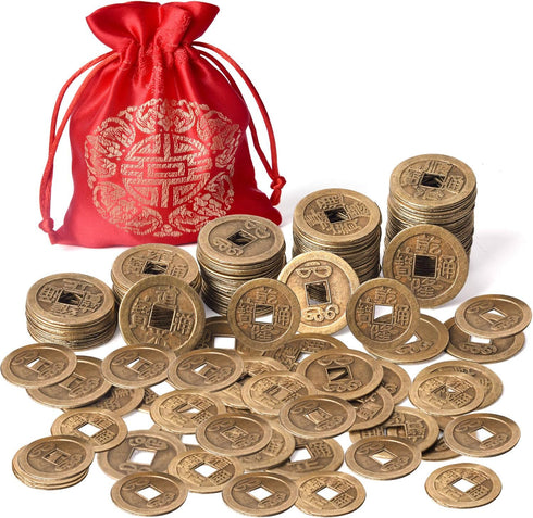 Coopay 240 Pieces Chinese Coins for New Year Feng Shui, Good Luck Fortune I-Ching Ornament with Red Pouch