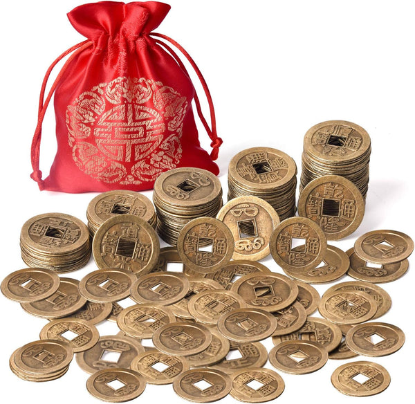 Coopay 240 Pieces Chinese Coins for New Year Feng Shui, Good Luck Fortune I-Ching Ornament with Red Pouch