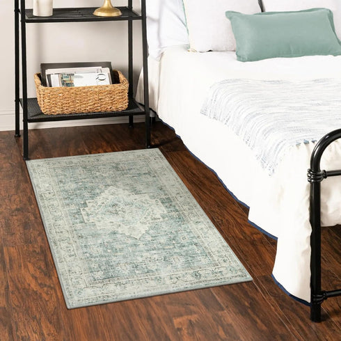 LIVEBOX Washable Rug 2x3 - Indoor Entryway Boho Low-Pile Small Rug, Non-Slip Indoor Outdoor Rugs, Sage Green
