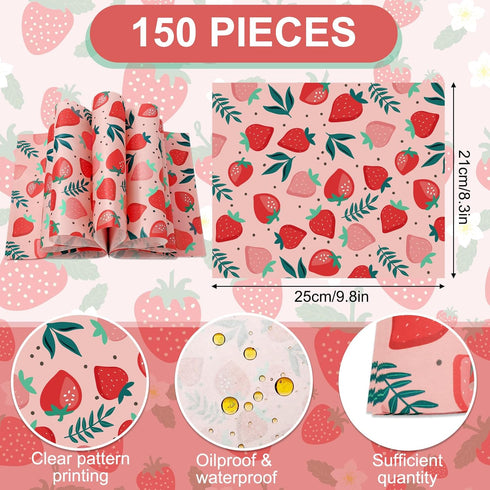 150Pcs Strawberry Wax Paper Pink Deli Paper Tissue Sweet Fruit Sandwich Wrap Paper Waterproof Oil-Proof Picnic Liners for Party Kitchen Supplies