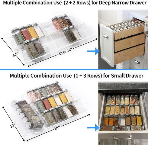 Clear Acrylic Spice Drawer Organizer, 4 Tier- 2 Set Expandable from 13" to 26" for Kitchen Spice Rack Tray