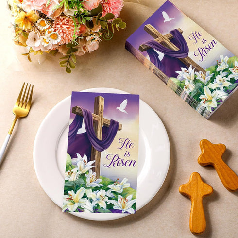 Chiisong 200 Pcs Easter Paper Napkins Bulks He Is Risen Napkins Disposable Spring Lily Purple Easter Bunny Egg Guest
