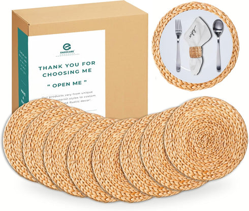 Set of 8 Round Woven Placemats, Natural Water Hyacinth Wicker Placemats, Heat Resistant Non-Slip Table Mats (13.5")