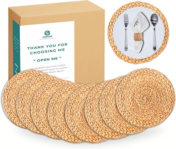 Set of 8 Round Woven Placemats, Natural Water Hyacinth Wicker Placemats, Heat Resistant Non-Slip Table Mats (13.5")