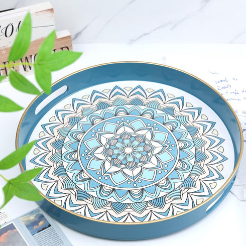 13 Round Cyan Decorative Tray for Coffee Table, Ottoman, Plastic Serving Platter Tray with Handles for Entertaining
