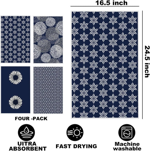 Hanamiya Na 4 Pcs Blue Flower Artistic Kitchen Towels, Blue Flower Absorbent Tea Hand Towel, Microfiber Dish Cloths