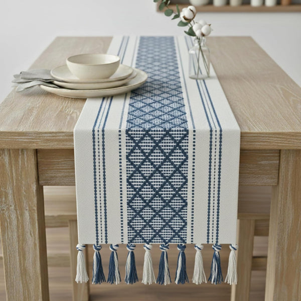 Boho Table Runner with Tassel 14 x 72 Inches, Blue & Cream,