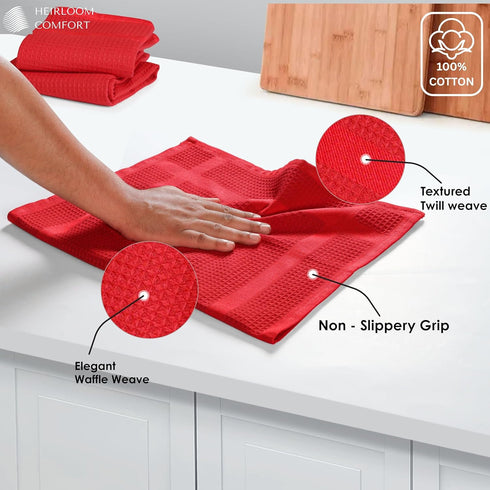 12 Pack 16x26 Inch, 100% Set, Red Waffle Weave Kitchen Towels, Cotton, Absorbent Dishcloth Quick Drying, Durable