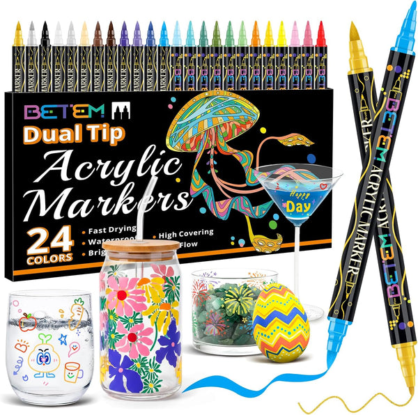 Betem Acrylic Paint Pens, 24-Pack Dual Tip Glass Markers, Quick-Drying Acrylic Markers,