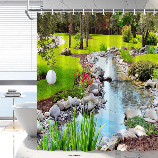 Garden Shower Curtain, 70 x 70 in, Green Plants Landscape, Colorful Flowers Nature Scenery Rustic Floral Bathroom Decor
