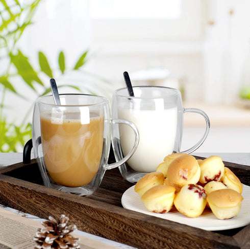6 Pack 12oz 350ml LIBWYS Double Walled Coffee Cups Glasses Mugs, Espresso Cappuccino Latte Tea Cups with Handle, Heat