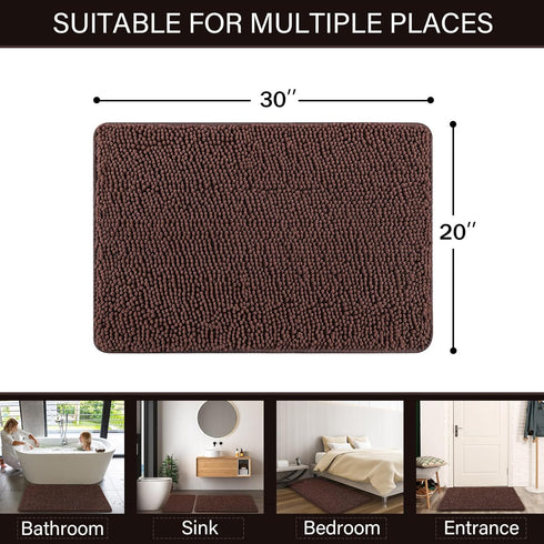 LOCHAS Luxury Bathroom Rug Shaggy Bath Mat 20 x 30 Inch, Washable Non Slip Bath Rugs for Bathroom Shower, Soft Plush Chenille Absorbent Carpets Mats, Brown
