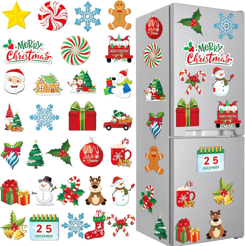 30 Christmas Theme Fridge Stickers, Santa Claus Snowman Dwarf Decorations for Kitchen Garage and Car