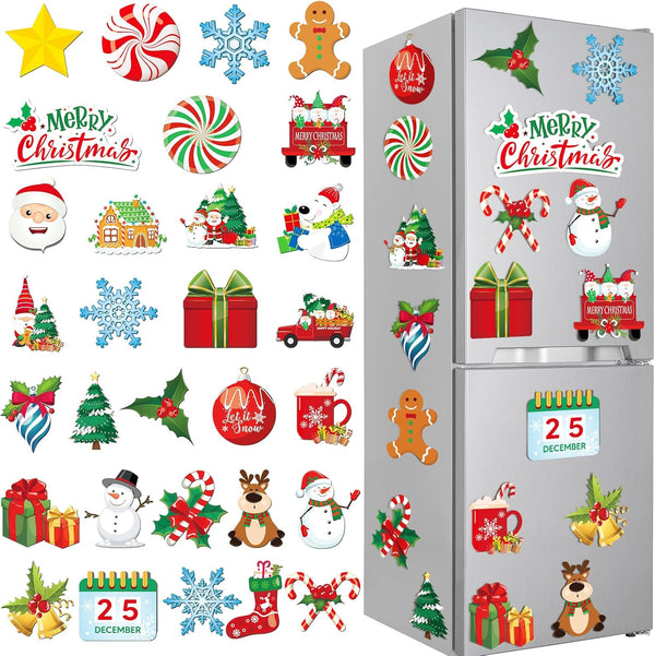 30 Christmas Theme Fridge Stickers, Santa Claus Snowman Dwarf Decorations for Kitchen Garage and Car