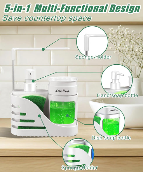 Set, 4-in-1 Kitchen Soap Dispenser Dual Hand and Dish Soap Dispenser with Sponge Holder and Dishcloth Holder