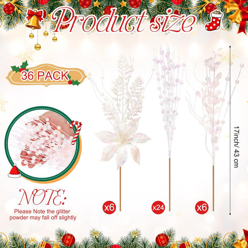Suncalla 36 Pack 17'' Poinsettia Christmas Tree Picks Ornament Artificial Glitter Berry Stem Picks and Spray with Fake
