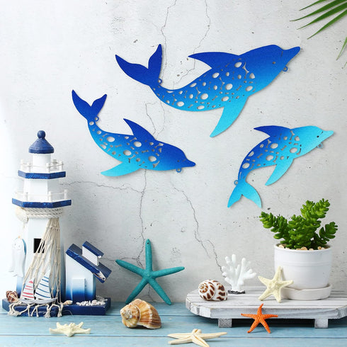 Yaomiao 3 Pieces Metal Dolphin Wall Decor, Beach Coastal Hanging Decorations for Pool Fence