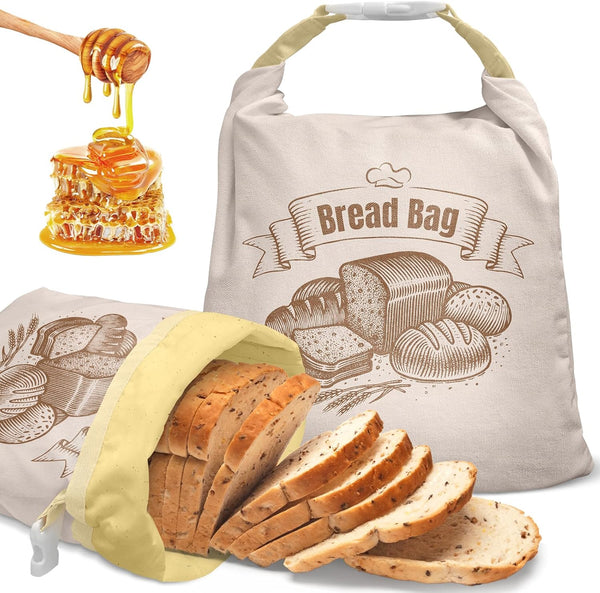 NIKKOUR Cotton Beeswax Bread Bag (2 Pack) Reusable Double-Lock Freezer Safe for Homemade
