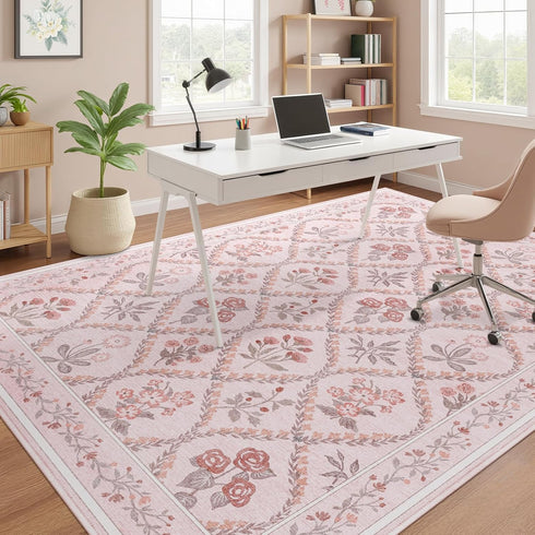 5x7 Pink Rug for Bedroom Girls, Washable Rug for Floral Nursery Decor, Cute Soft Low-Pile Non Slip Indoor Floor Carpet