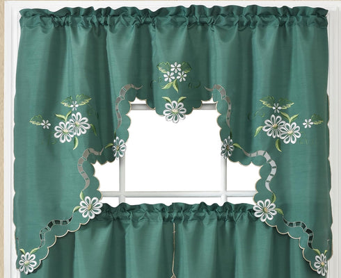 GOHD Cutwork Floral Kitchen Curtain Set, Swag Valance and Tier Set with Nice Embroidery on Faux Silk Fabric