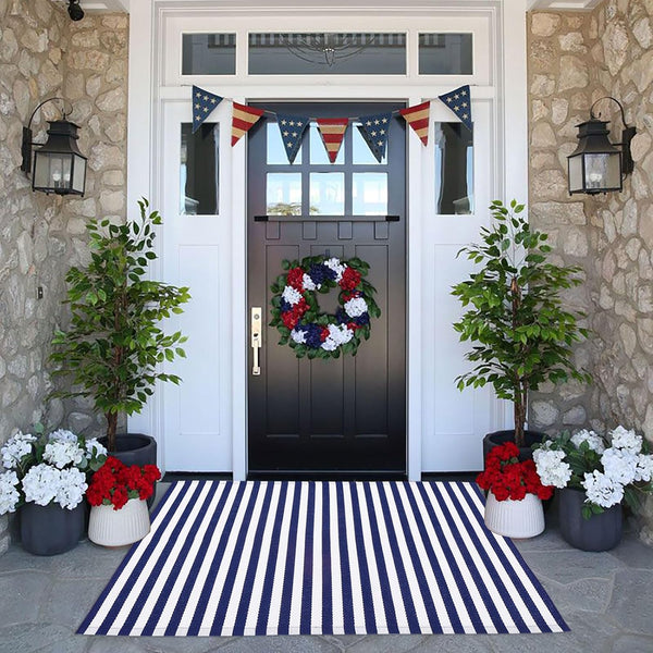 CAINANEL Blue and White Striped Rug 4th of July Door Mat 27.5"x43"