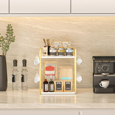 Dorhors 2 12 Countertop Tier Coffee Bar Accessories and Organizer,Multi-functional Mug Holder with Hooks,Wood Coffee