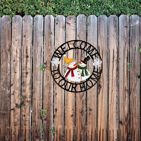 Welcome to Our Home Rustic Metal Snowmen Hanging Welcome Signs for Front Door Wreaths and Garden Decor