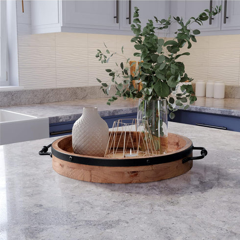 13.2'' Counter Round Coffee Table Tray - Farmhouse Wood Serving Tray with Metal Handles - Round Decorative Trays