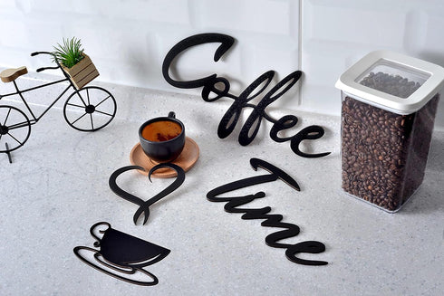 4eN Modern Coffee Time Wall Art & Sign Set - 4 Pieces Wooden MDF for Kitchen & Cafe