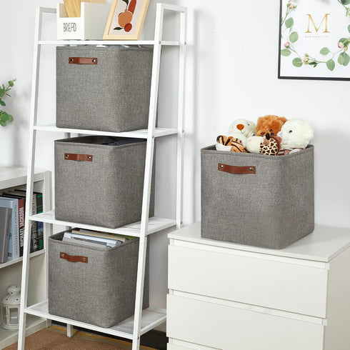 Temary 13 Inch Fabric Storage Baskets, Set of 4 Cube Bins for Home and Office with Leather Handles in Grey