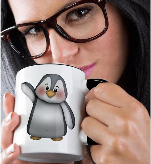 3dRose "Cute Waving Gray and White Penguin Illustration" Mug, Black/White/Gray, 11 oz
