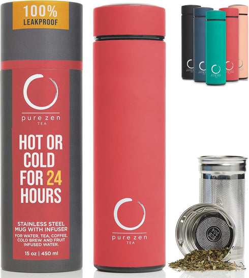 Pure Zen Tea Thermos with Infuser for Hot & Cold Infusions - 15oz Leakproof Travel Mug, Stainless Steel, Red
