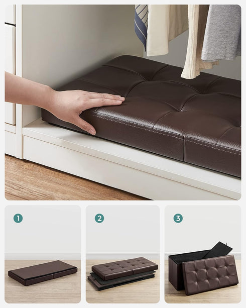SONGMICS Folding Storage Ottoman Bench 30 Inches, Faux Leather, Brown, Footstool with Flipping Lid, ULSF45BR