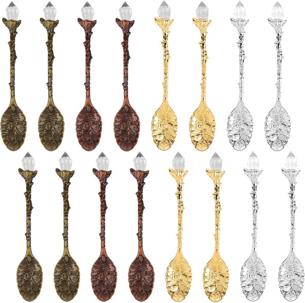AUEAR 16 Pack Vintage Coffee Crystal Spoons, Decorative Tea Carved Spoons in 4 Colors for Kitchen