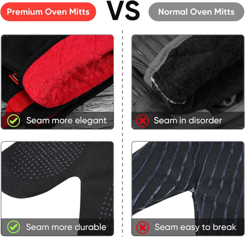 Silicone Oven Mitts - Magnetic Heat Resistant Kitchen Mitts, Black Cotton Anti-Slip for Cooking, Baking, Grilling