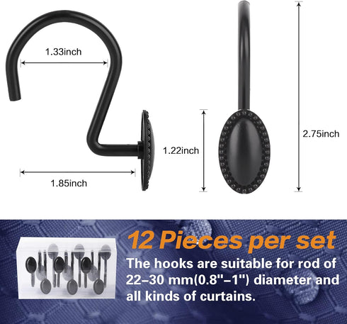 Shower Curtain Hooks, Set of 12, Black, Decorative, Zinc, Rust Resistant, Regular Size for Standard Shower Poles