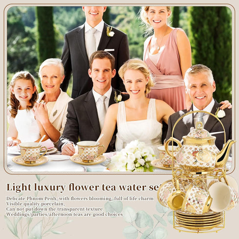 TATSUMI 20 Set set Set,Tea Set Pieces Porcelain Tea With Metal Holder, European Ceramic tea for adults,Flower Tea