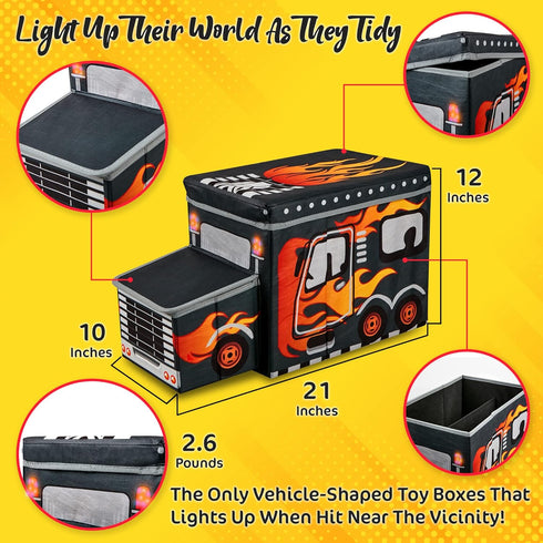 KAP Toy box for boys, Junior size, interactive Light up LED Toy chest, Children's Decorative Racing Truck Storage Bin
