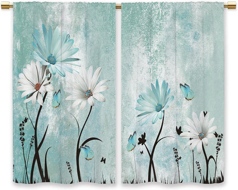 Farmhouse Flower Kitchen Curtains, Teal Rustic Daisy Floral Short Cafe Window Drapes, Vintage Turquoise Rod Pocket
