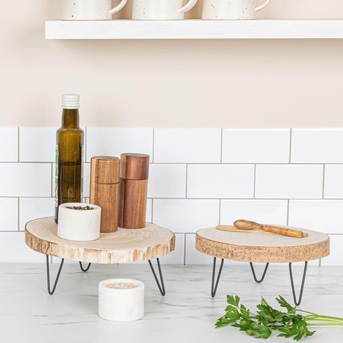 Rustic Paulownia Wood Pedestal with Sleek Metal Legs