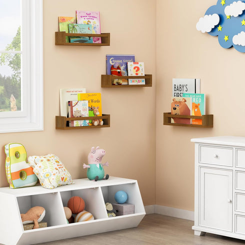 4-Pack) Forbena Walnut Brown Nursery Bookshelf Wall Mounted, Wooden Floating Book Shelves for Wall, Nursery Hanging
