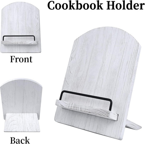 Wood Cookbook Stand, Adjustable Cookbook Holder for Kitchen, Recipe Stand for Counter, White