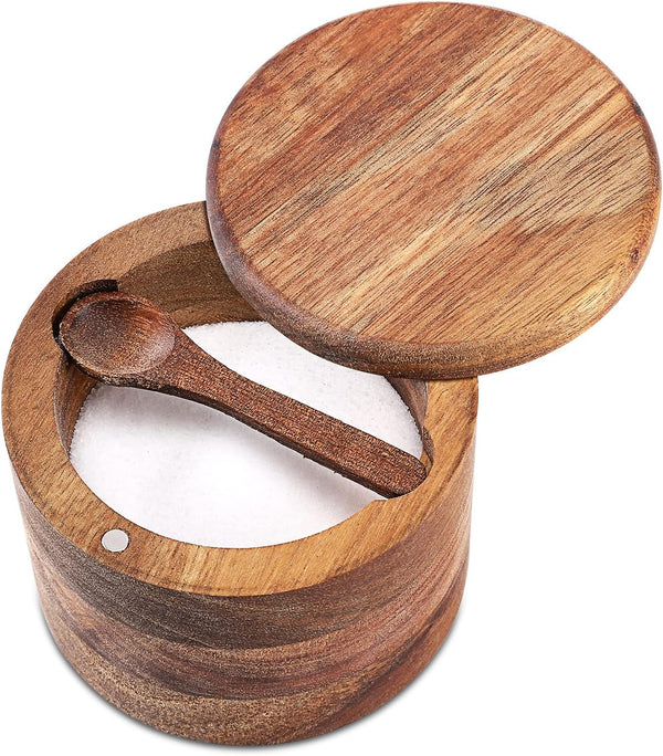 Acacia Wood Salt and Pepper Bowl, Nature Wood Salt Cellar with Built-in Spoon and Magnetic Swivel Lid (Single