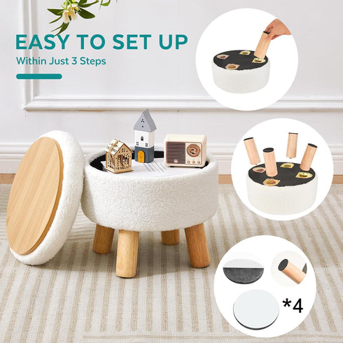 Small Ottoman with Storage, Small Storage Ottoman Round, Sherpa Foot Stool with Legs, Ottomans and Footstools