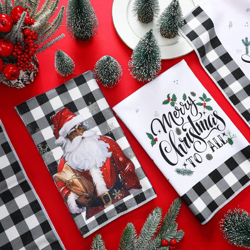 4 Buryeah Pcs Christmas Kitchen Towels African American Black Santa Hand Towels Christmas White Black Buffalo Plaid