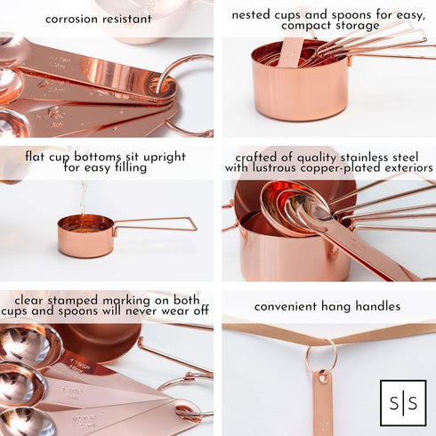 Copper Measuring Cups and Spoons Set – 8-Piece Stackable Stainless Steel Utensils, Stylish Rose Gold Kitchen
