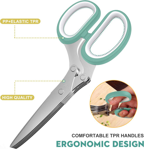 Updated 2025 Herb Scissors Set - Herb Cutter Shears with 5 Blades, Sharp Anti-rust Stainless Steel, Blue-White