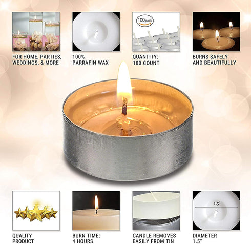 OHR CANDLES Tealight Candles – 100 Pack Bulk Unscented Tea Lights, White, 4 Hour Burn Time
