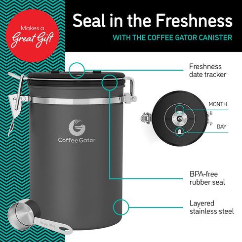 Coffee Gator Coffee Canister, 22oz, Airtight Stainless Steel Kitchen Food Storage Container, Silver, with Date Tracker