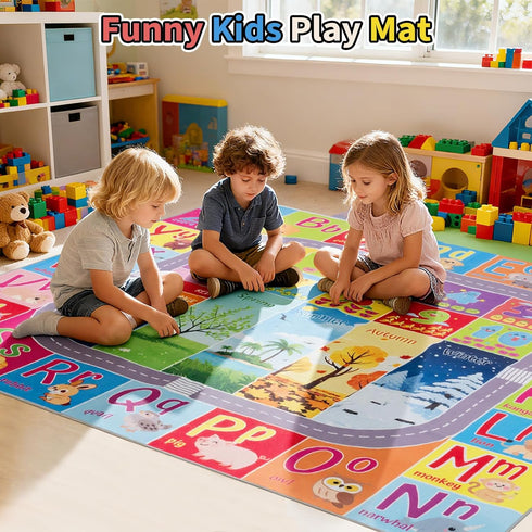 UKISS Words,55"x55"Washable ABC Kids Rug,Toddler Educational Play Rug for Learning Alphabet, Numbers, Colors, Seasons